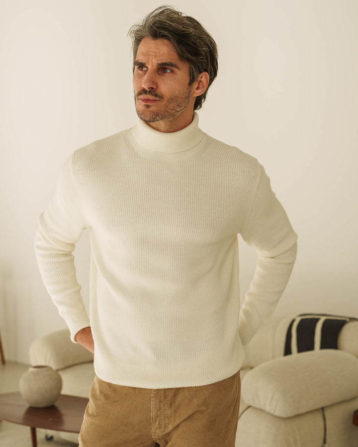 Suéter de Punto Acanalado con Cuello Alto (Blanco Roto)