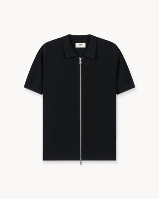 Camiseta Poloshirt de Punto Acanalado con Cremallera en Color Negro
