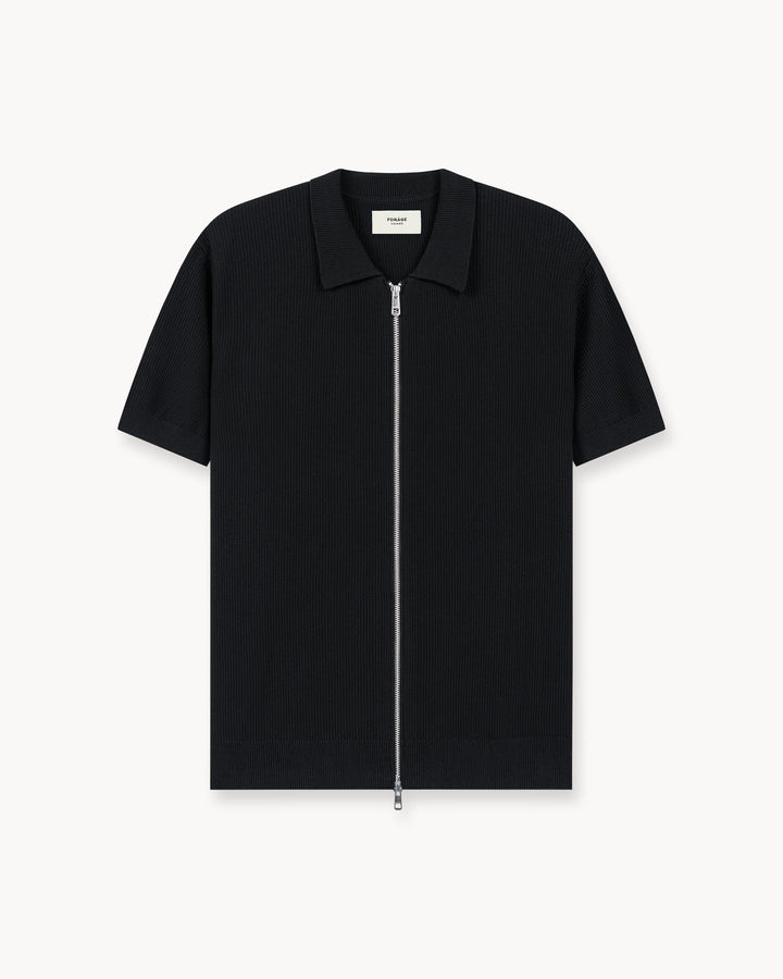 Camiseta Poloshirt de Punto Acanalado con Cremallera en Color Negro