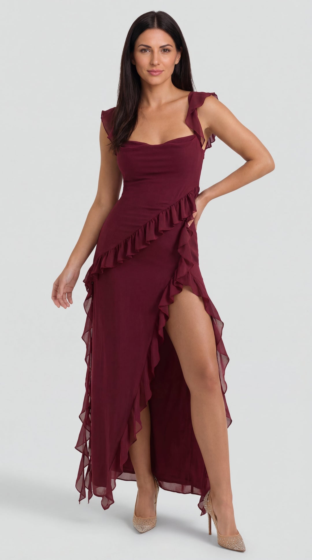 Vestido largo de Susan con detalles de volantes