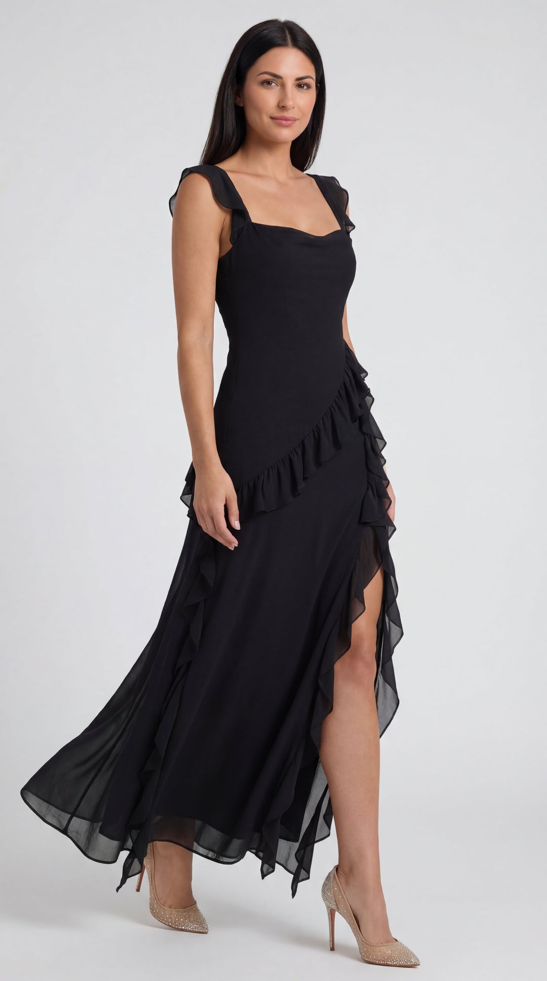 Vestido largo de Susan con detalles de volantes