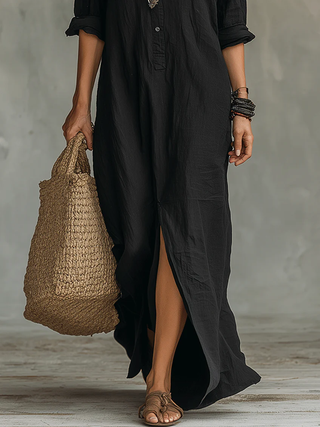 Valeria | Vestido Maxi Negro con Detalles de Botones