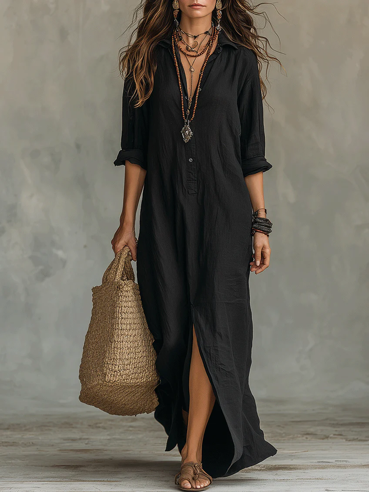 Valeria | Vestido Maxi Negro con Detalles de Botones