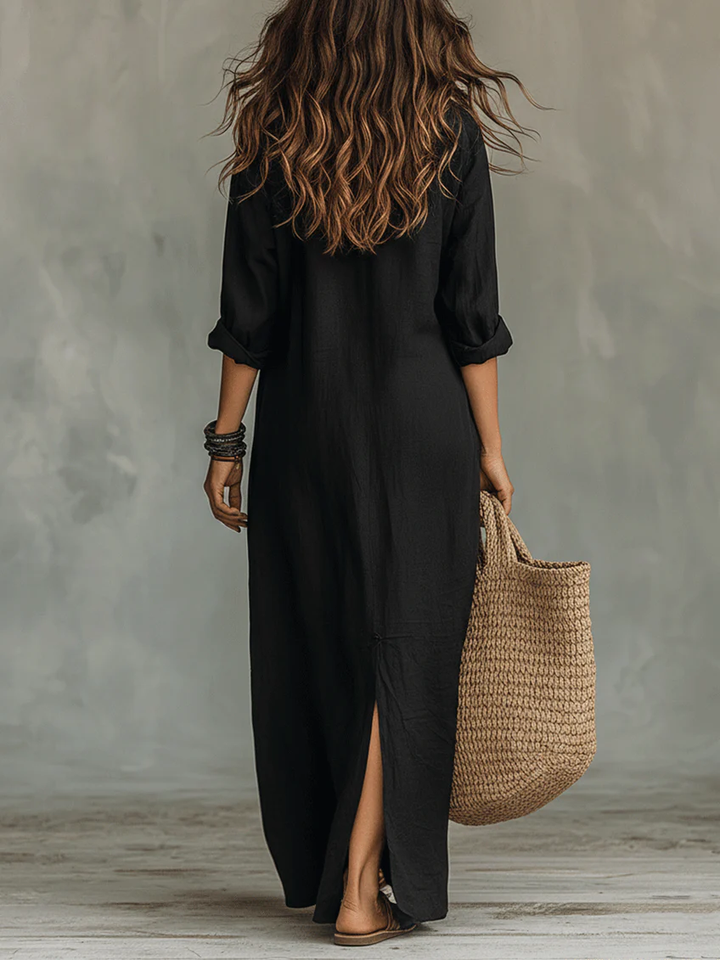 Valeria | Vestido Maxi Negro con Detalles de Botones