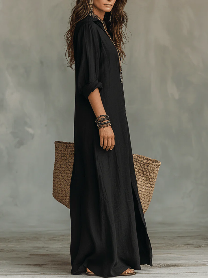 Valeria | Vestido Maxi Negro con Detalles de Botones