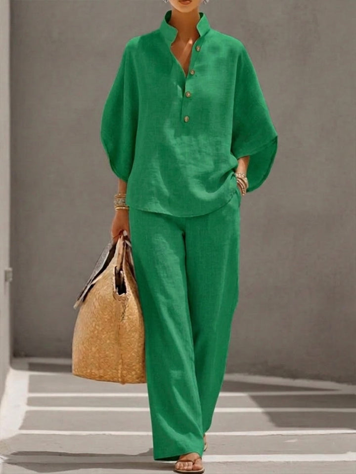 Conjunto de algodón y lino con mangas murciélago y pantalones amplios
