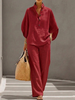 Conjunto de algodón y lino con mangas murciélago y pantalones amplios