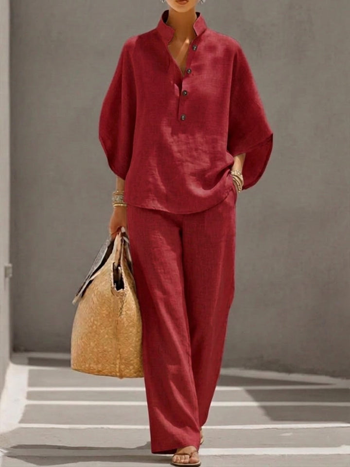 Conjunto de algodón y lino con mangas murciélago y pantalones amplios