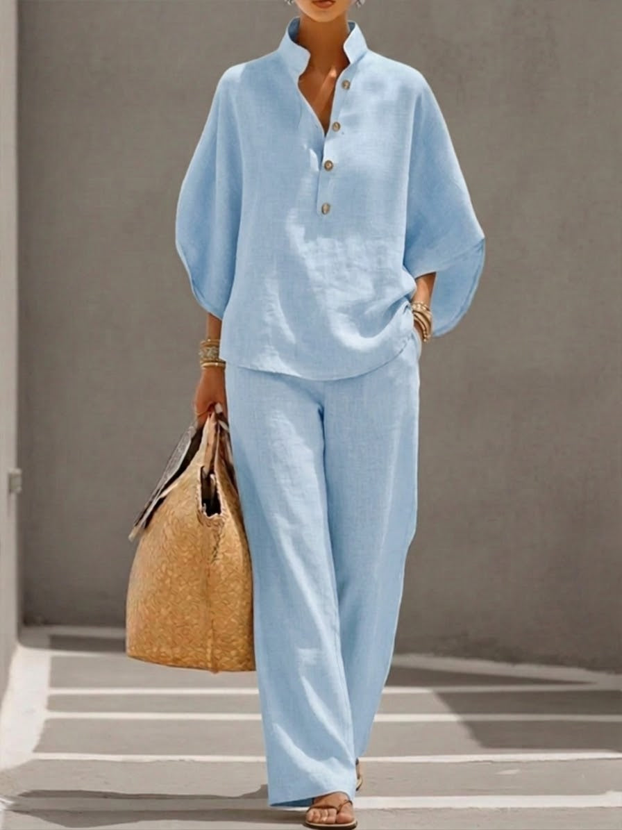 Conjunto de algodón y lino con mangas murciélago y pantalones amplios
