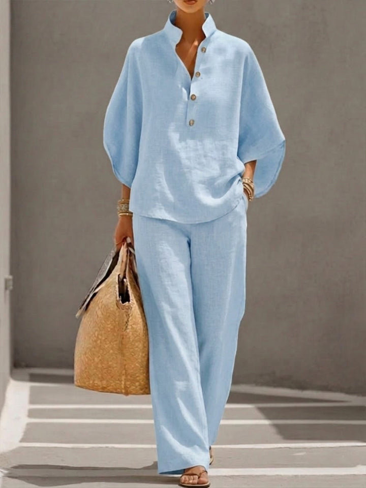 Conjunto de algodón y lino con mangas murciélago y pantalones amplios