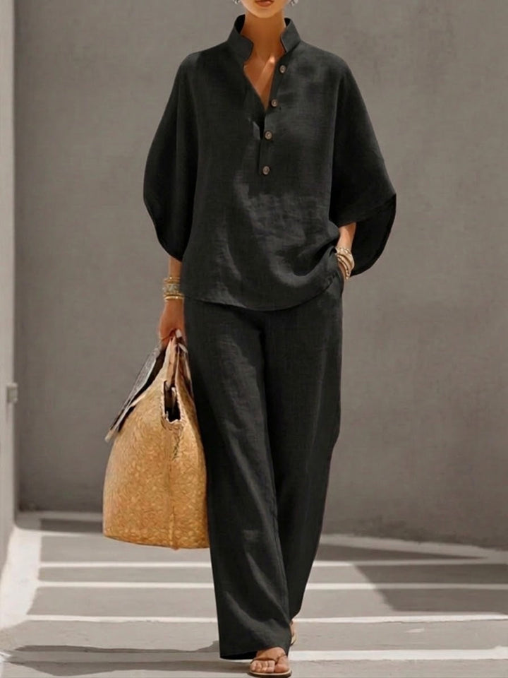 Conjunto de algodón y lino con mangas murciélago y pantalones amplios