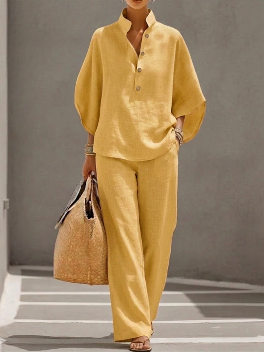 Conjunto de algodón y lino con mangas murciélago y pantalones amplios