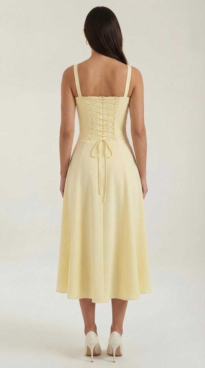 Vestido midi jade con detalles de cordones