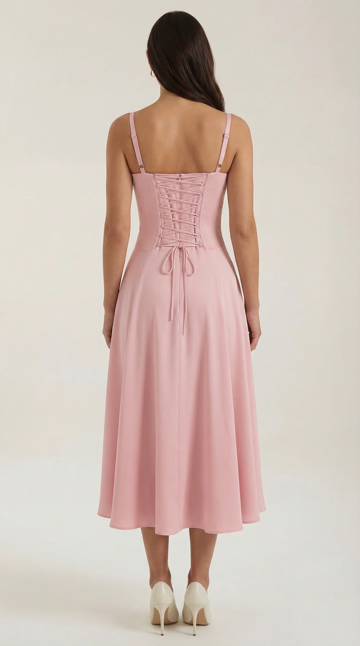 Vestido midi jade con detalles de cordones