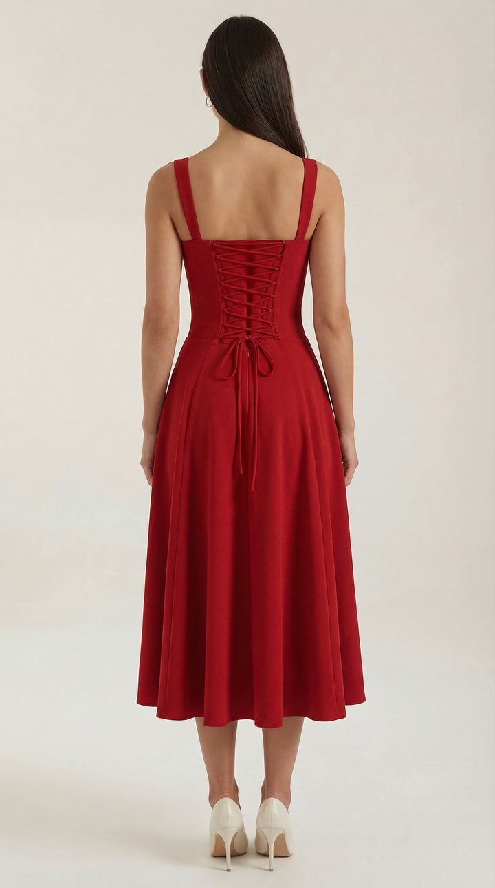 Vestido midi jade con detalles de cordones